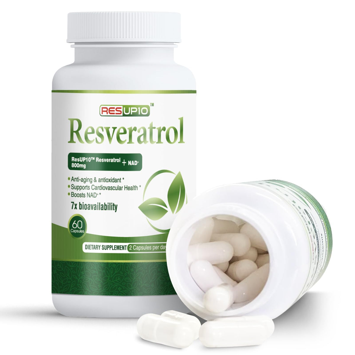 PureBotan Liposomal NAD+ Resveratrol bottle and capsules close-up