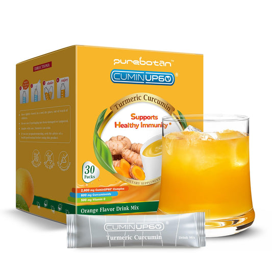 Front view of PureBotan turmeric orange shot packets