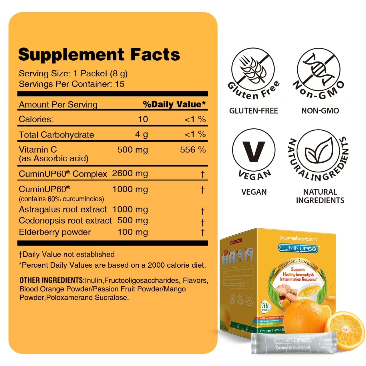 Two PureBotan turmeric drink orange shots packets on a surface