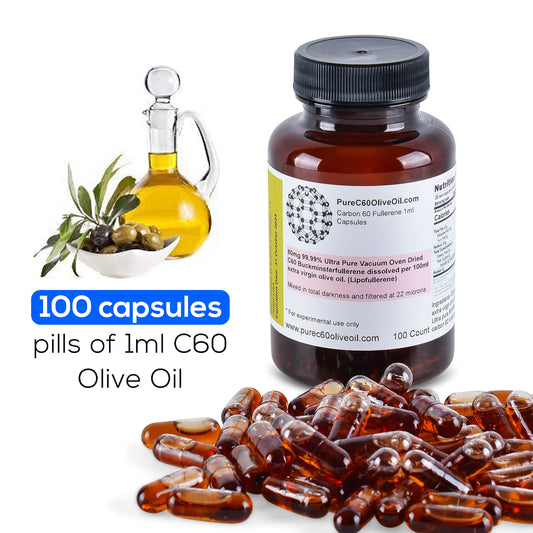 Close-up of PureC60 Olive Oil Capsules bottle label