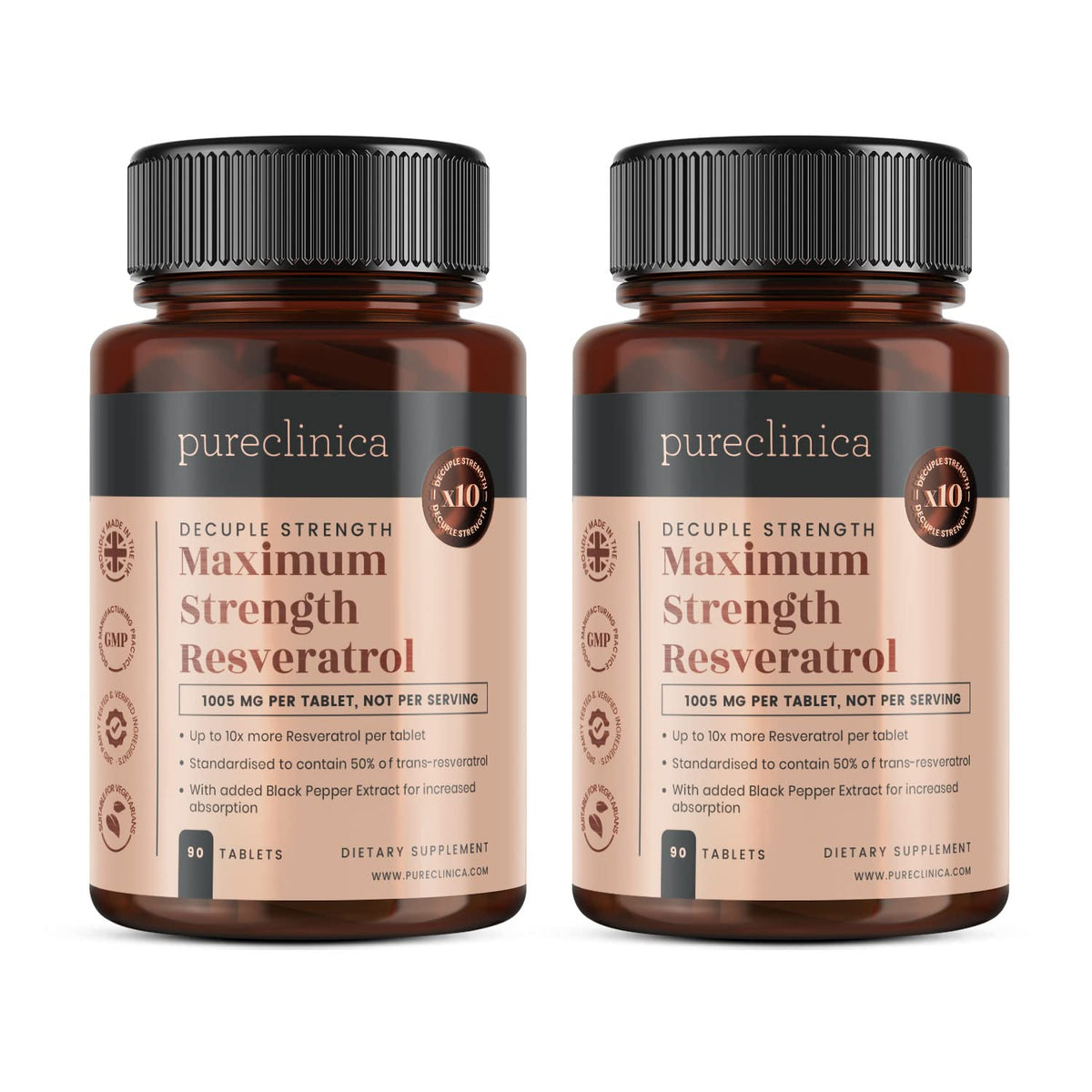 Pureclinica 1000mg Resveratrol - 180 tablets in 2 bottles (90 tablets each)