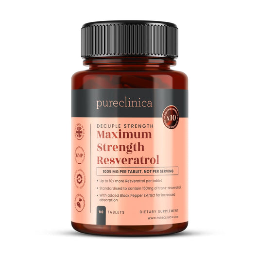 Bottle of Pureclinica 1000mg Resveratrol with 90 tablets for 3 months