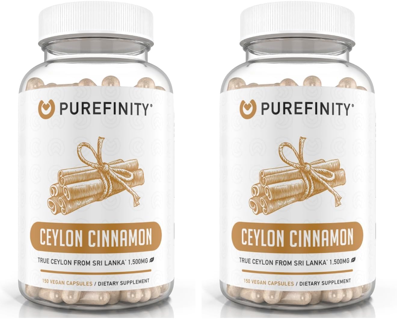 Front view of PUREFINITY Ceylon Cinnamon Capsules bottle showing 1500mg per pack