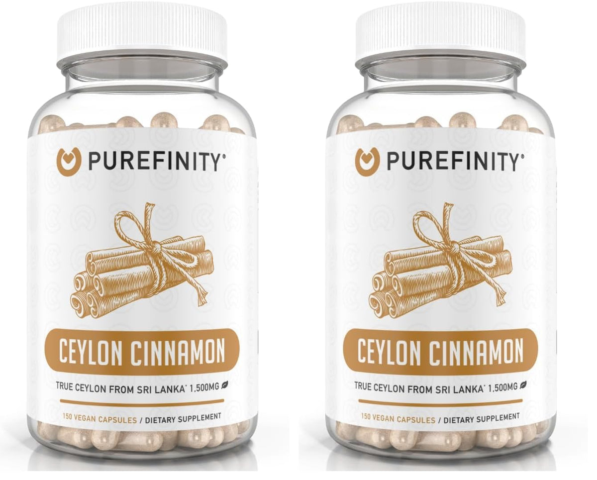 Front view of PUREFINITY Ceylon Cinnamon Capsules bottle showing 1500mg per pack