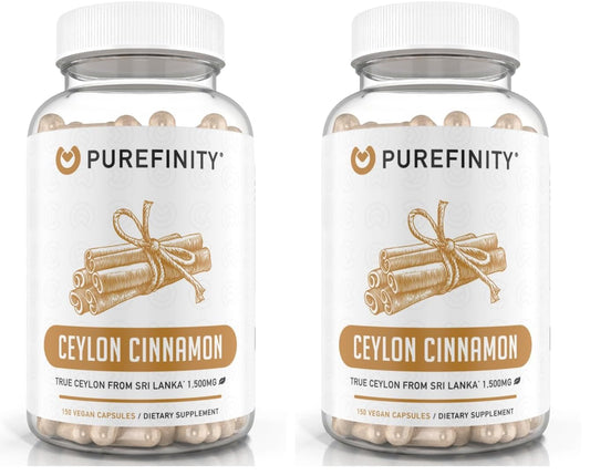 Front view of PUREFINITY Ceylon Cinnamon Capsules bottle showing 1500mg per pack