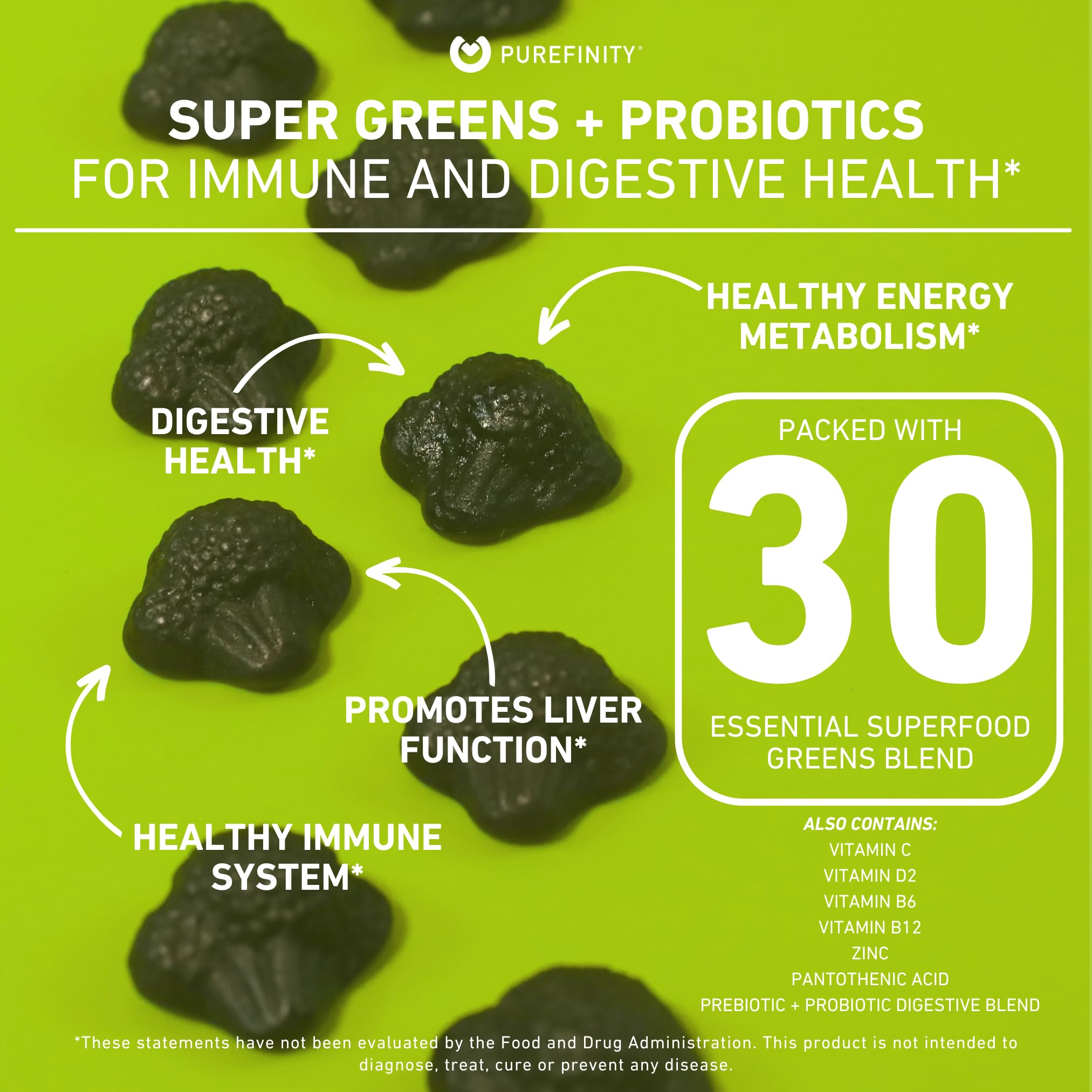 Assorted gummies highlighting spirulina, spinach, broccoli and beet root