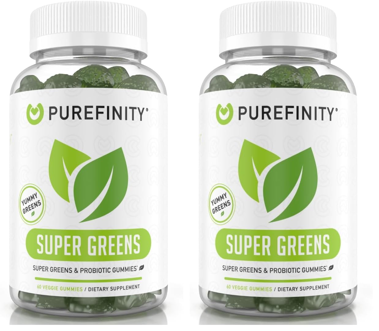 Bottle of PUREFINITY Daily Super Greens Gummies with spirulina and vegetables on the label