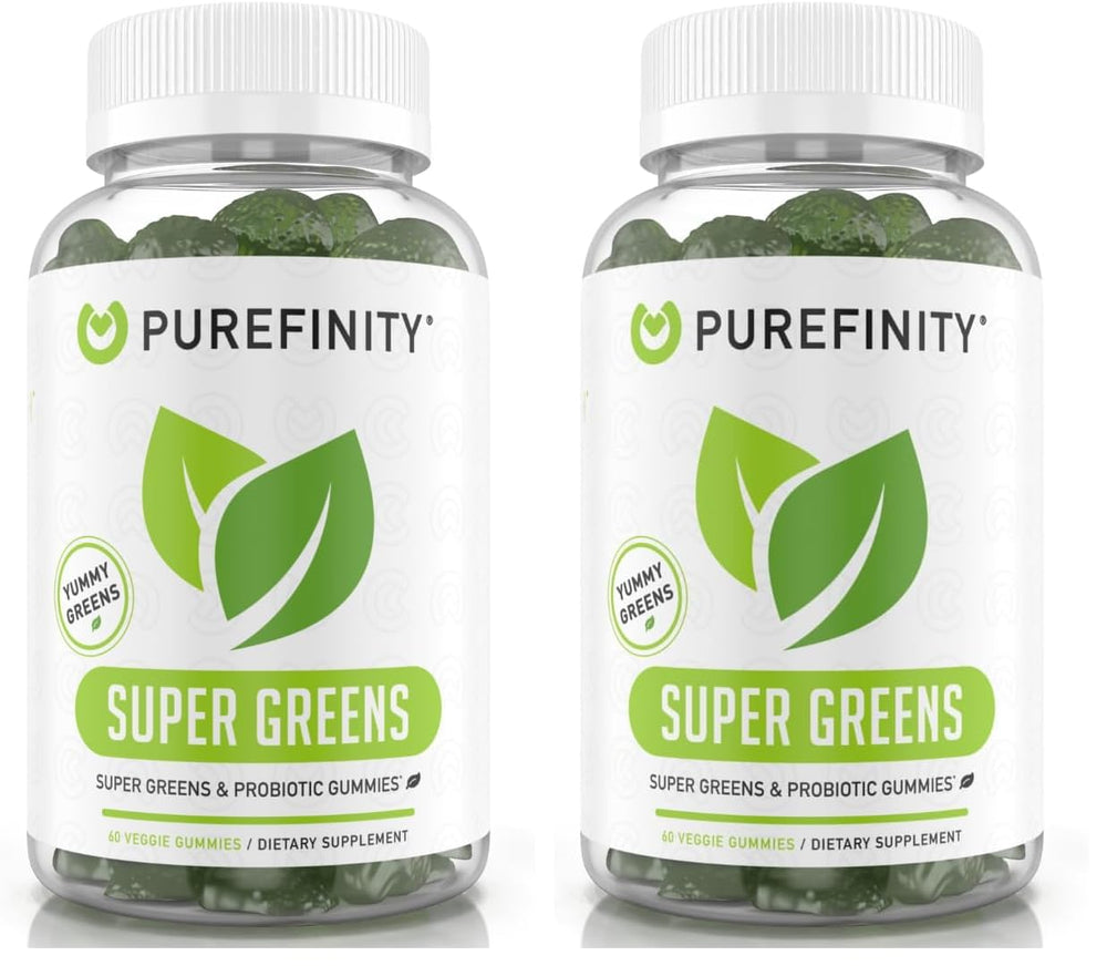 Bottle of PUREFINITY Daily Super Greens Gummies with spirulina and vegetables on the label