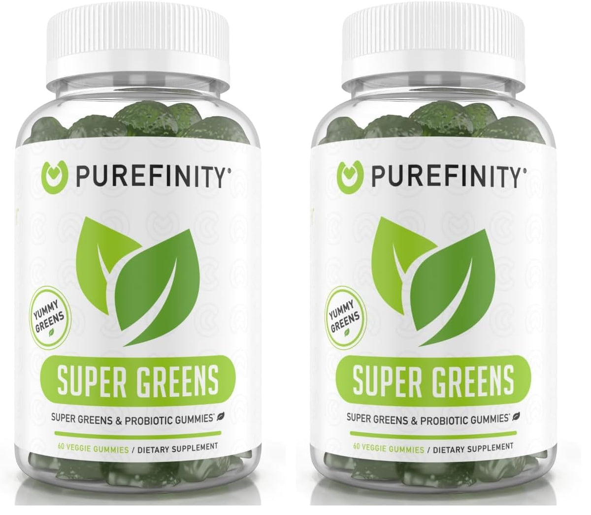 Bottle of PUREFINITY Daily Super Greens Gummies with spirulina and vegetables on the label