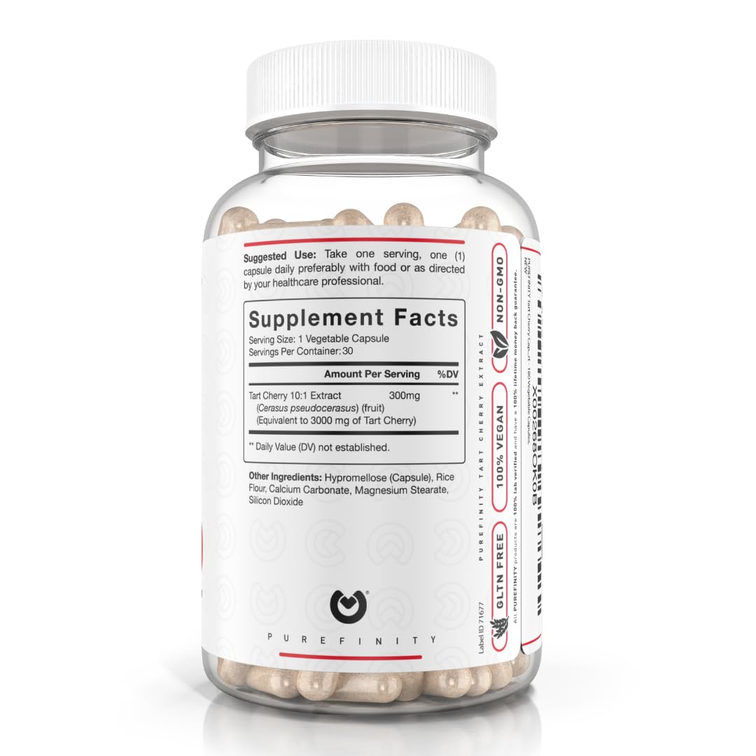 Non-GMO and vegan labeling on PUREFINITY Tart Cherry Capsules