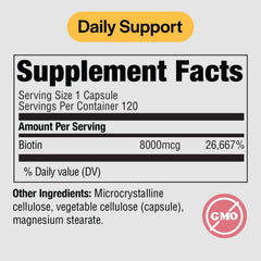 Biotin 8000 mcg capsules beside bottle