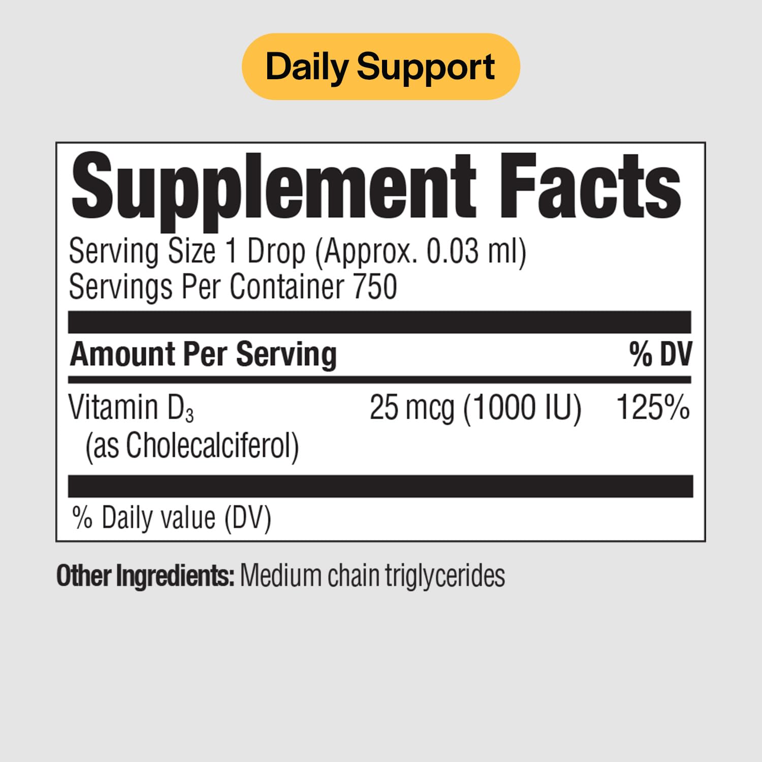 Dropper dispensing Vitamin D3 liquid with 25 mcg (1,000 IU)