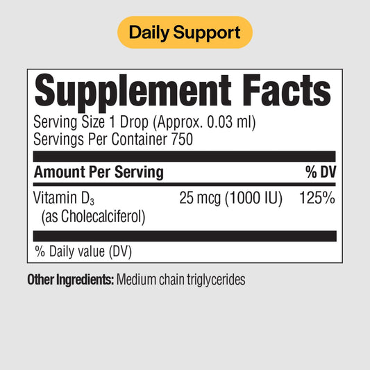 Dropper dispensing Vitamin D3 liquid with 25 mcg (1,000 IU)