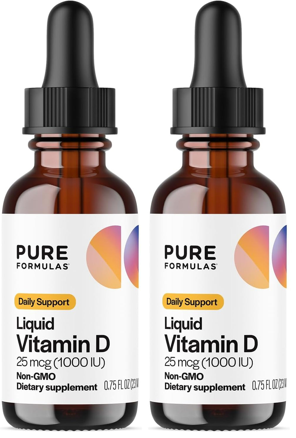 Hero image: PureFormulas Liquid Vitamin D3 drops 25 mcg (1000 IU) 0.75 fl oz per bottle, two-pack