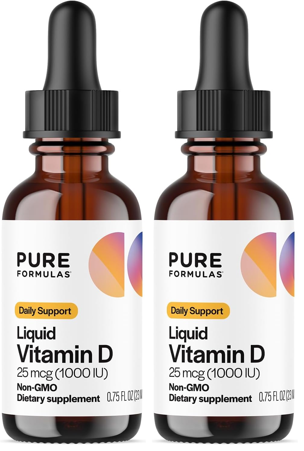 Hero image: PureFormulas Liquid Vitamin D3 drops 25 mcg (1000 IU) 0.75 fl oz per bottle, two-pack