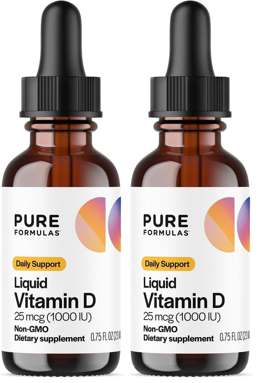 Hero image: PureFormulas Liquid Vitamin D3 drops 25 mcg (1000 IU) 0.75 fl oz per bottle, two-pack