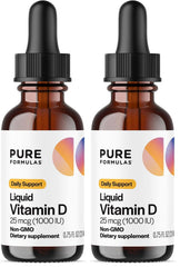 Hero image: PureFormulas Liquid Vitamin D3 drops 25 mcg (1000 IU) 0.75 fl oz per bottle, two-pack