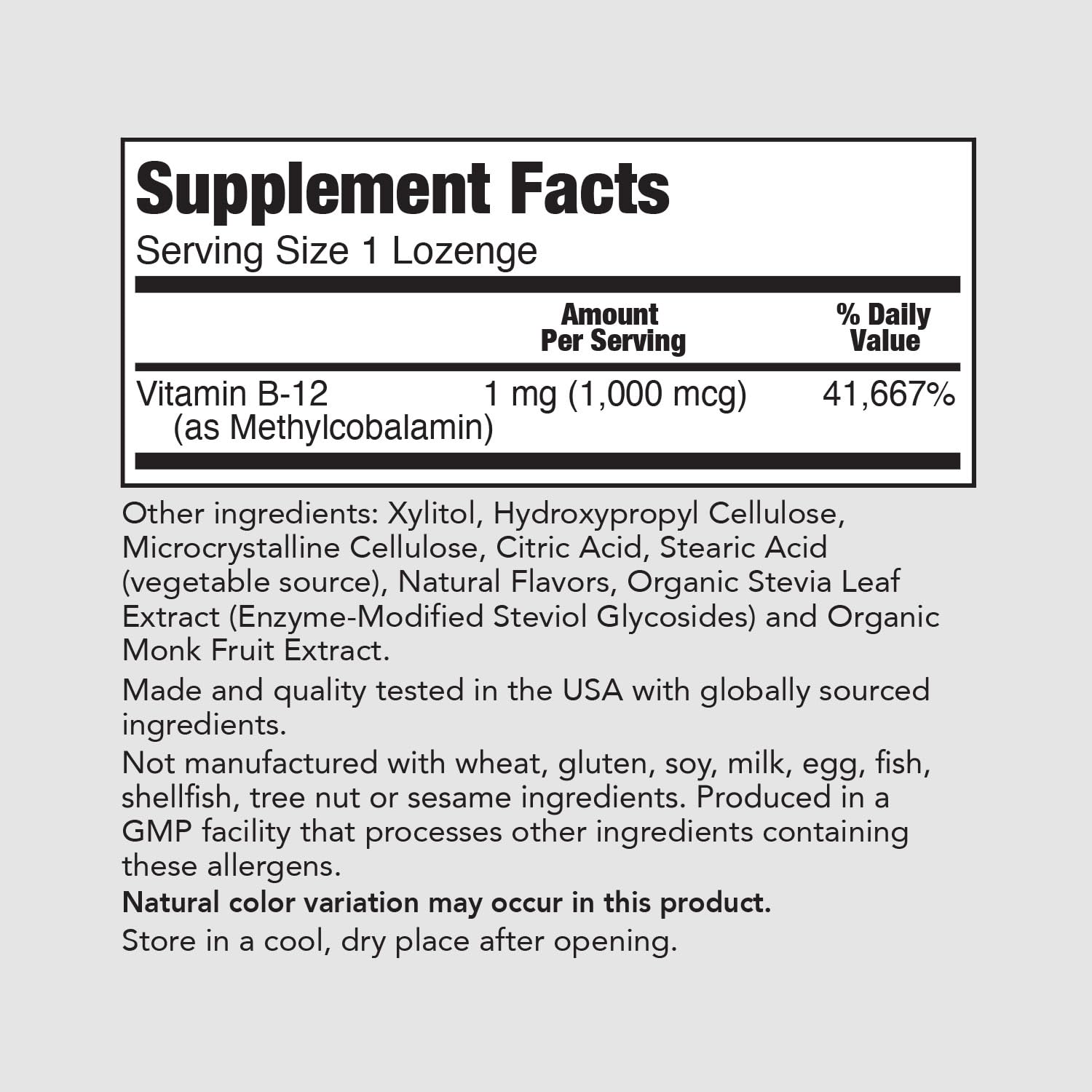 Label for PureFormulas Methyl B-12 1000 mg 100 Lozenges