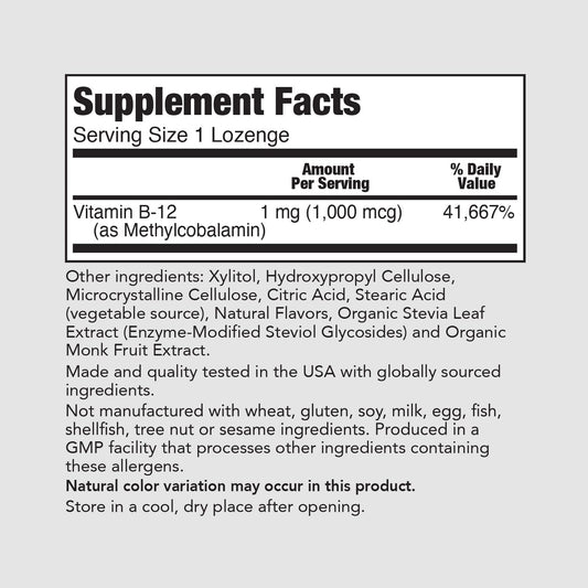 Label for PureFormulas Methyl B-12 1000 mg 100 Lozenges