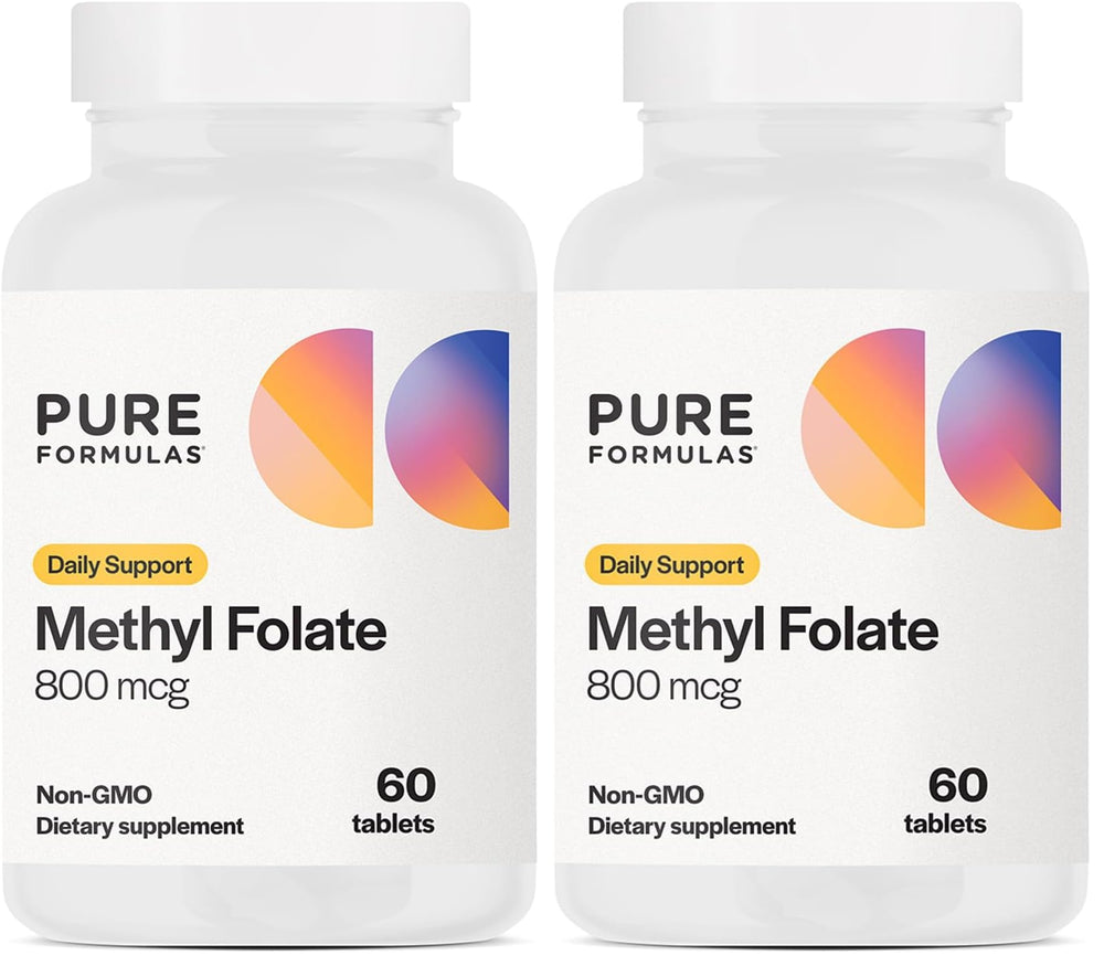 Front view of PureFormulas Methylfolate 800 mcg bottle with pack of 2