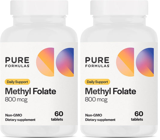 Front view of PureFormulas Methylfolate 800 mcg bottle with pack of 2
