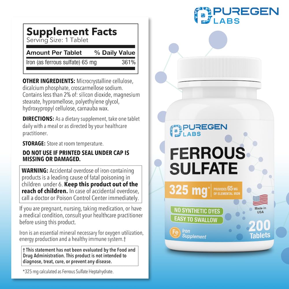 Bottle of Puregen Ferrous Sulfate iron tablets (200 count)