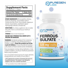 Bottle of Puregen Ferrous Sulfate iron tablets (200 count)