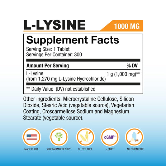 L-Lysine 1000 mg tablets arranged in bottle