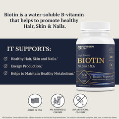 Biotin 10,000 mcg tablets close-up (360 count)