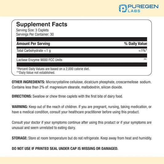 Close-up of Puregen Labs Dairy Relief caplets