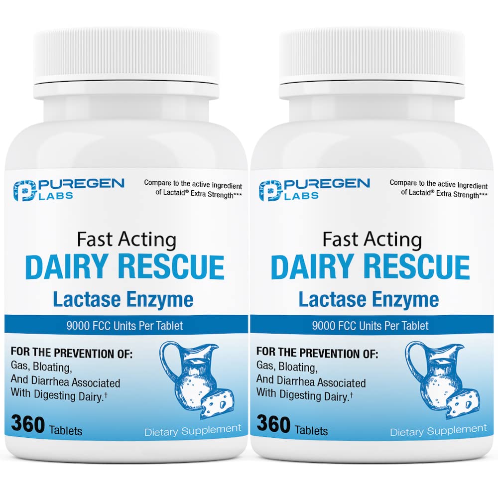 Puregen Labs Dairy Relief lactase enzyme 9000 FCC bottle with 720 tablets for lactose intolerance