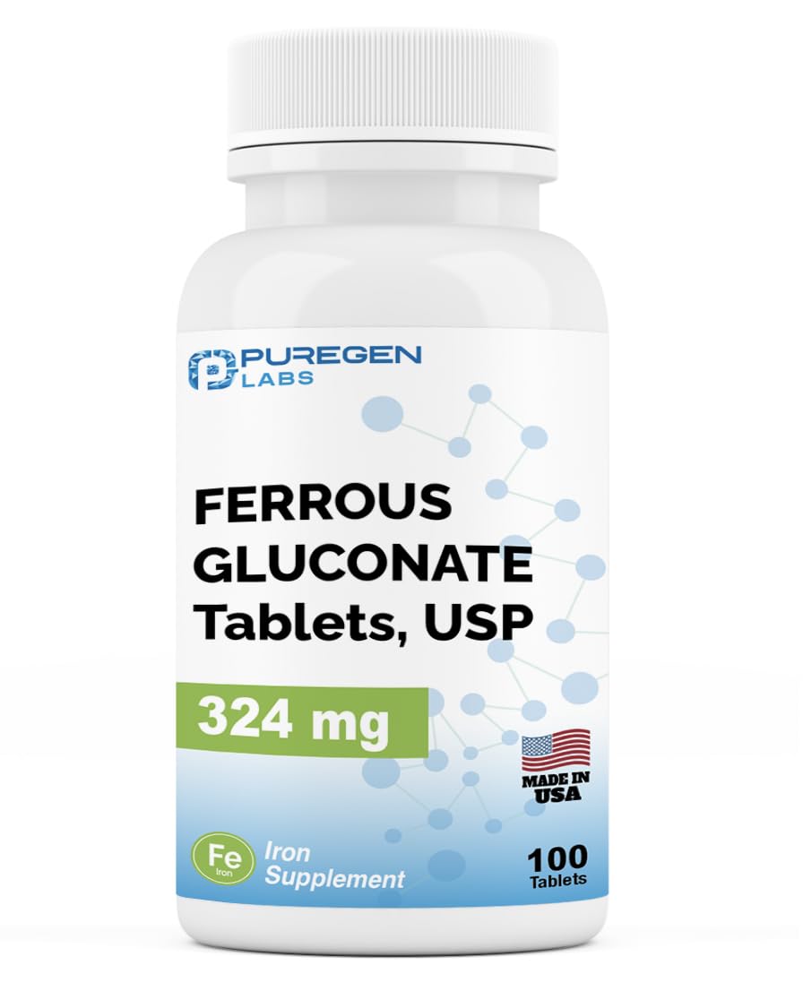 Front view of Puregen Labs Ferrous Gluconate 324 mg iron supplement bottle