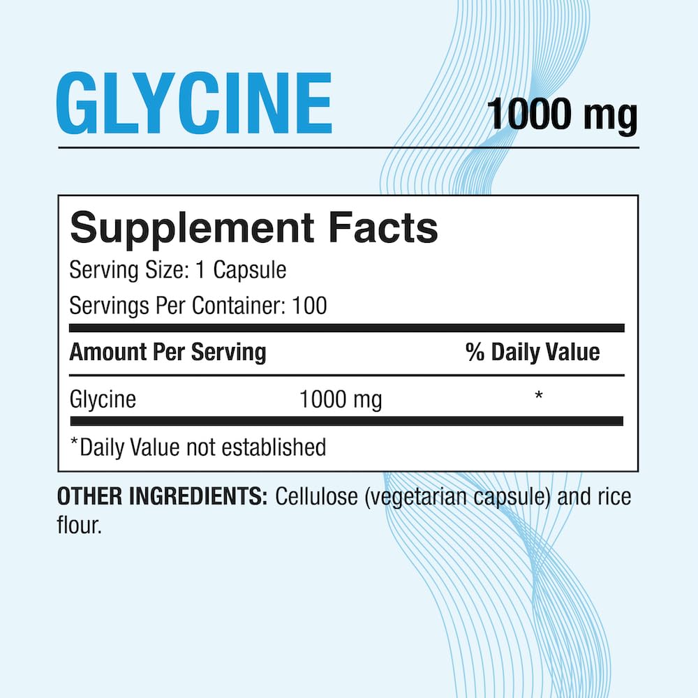 Puregen Labs Glycine 1000mg bottle – back label with supplement facts