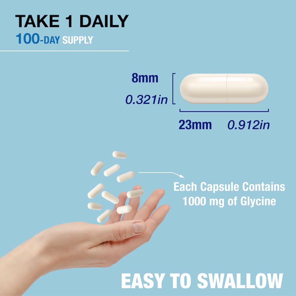 Ingredient panel showing 1000mg glycine per capsule