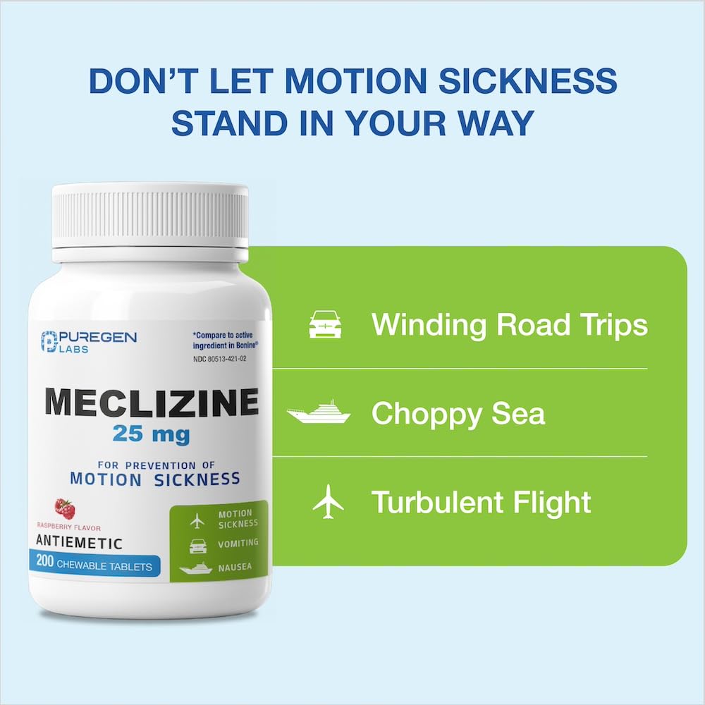 Puregen Labs Meclizine 25 mg tablets on-pack shot highlights travel-friendly packaging.