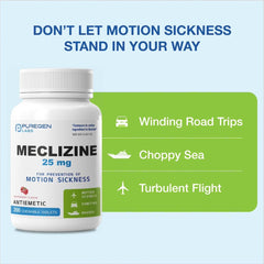 Puregen Labs Meclizine 25 mg tablets on-pack shot highlights travel-friendly packaging.