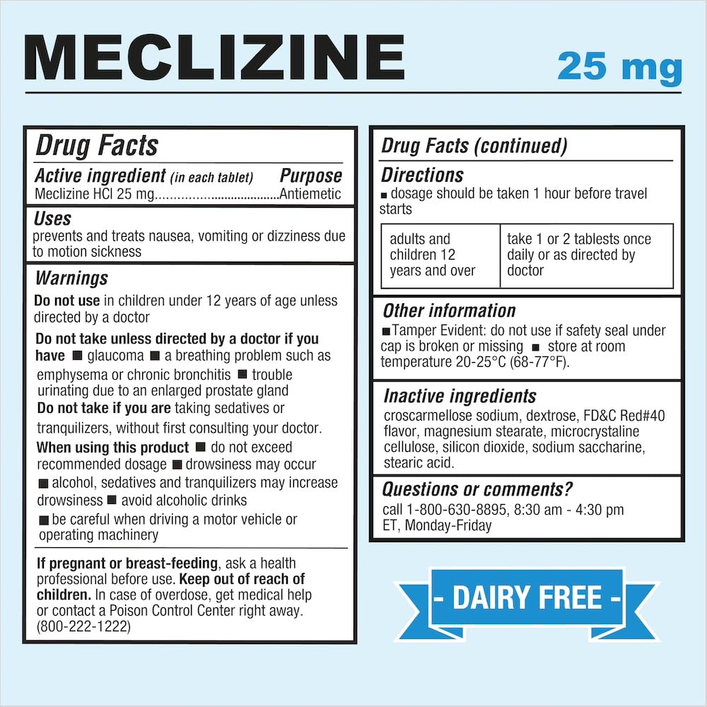 Puregen Labs Meclizine bottle label highlights dairy-free formula and USA-made quality.