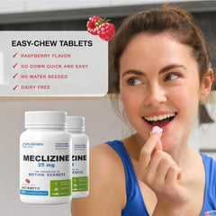 Puregen Labs Meclizine fast-acting raspberry flavor can ease travel discomfort.