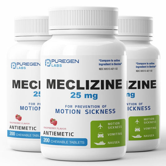 Puregen Labs Meclizine 25 mg raspberry chewable tablets in a bottle for motion nausea relief.