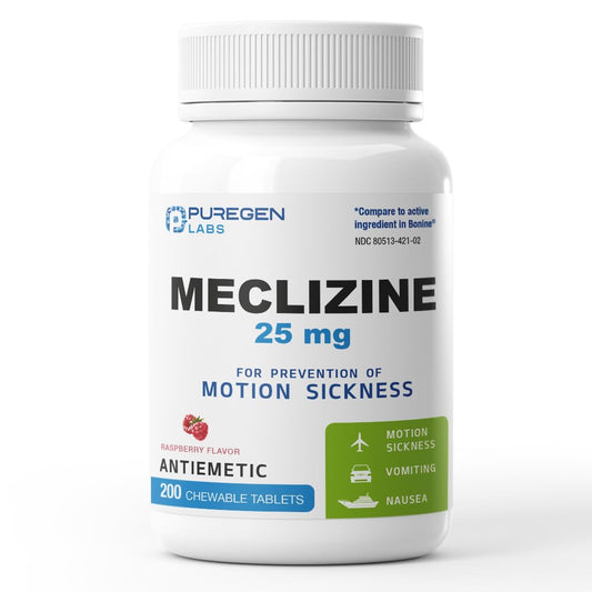 Puregen Labs Meclizine bottle front, dairy-free, USA-made motion sickness support.