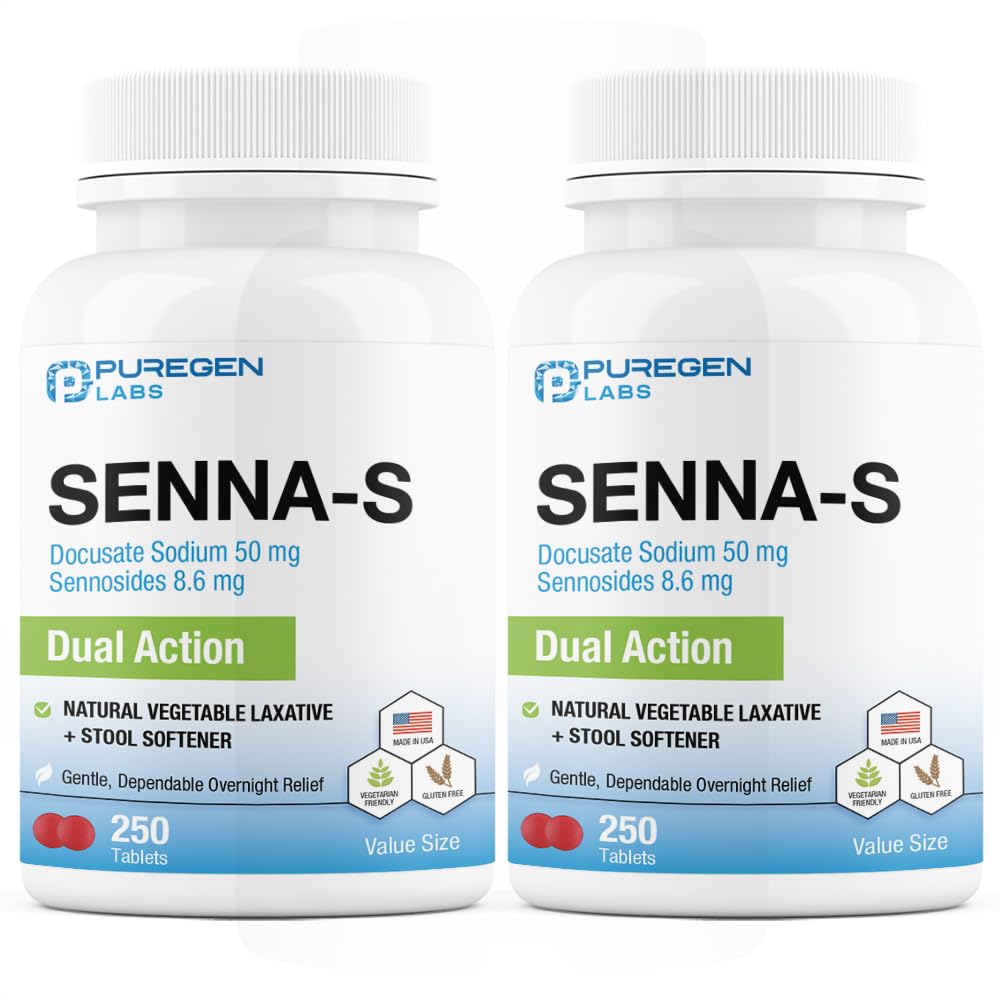 Puregen Labs Senna-S bottle front shows gentle overnight relief for occasional constipation.