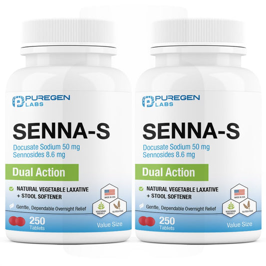 Puregen Labs Senna-S bottle front shows gentle overnight relief for occasional constipation.