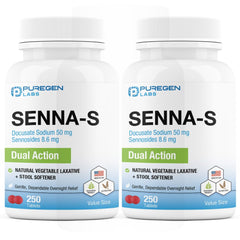 Puregen Labs Senna-S bottle front shows gentle overnight relief for occasional constipation.