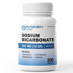 Puregen Labs Sodium Bicarbonate Tablets 650mg package for on-the-go heartburn relief.