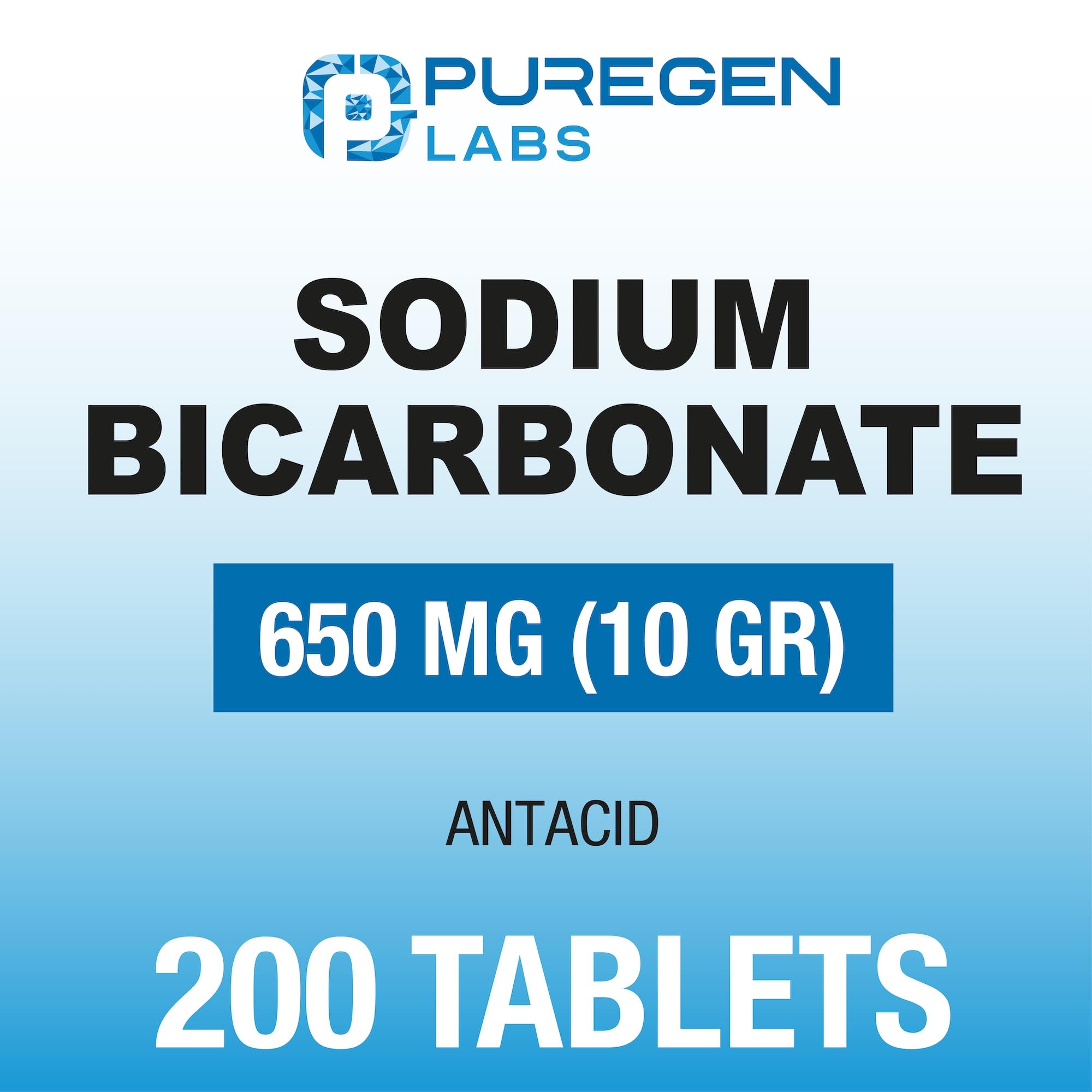 Puregen Labs Sodium Bicarbonate Tablets 650mg close-up showing precise dosage for heartburn.