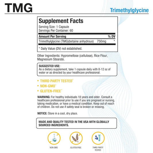 Close-up of Puregen Labs TMG 750 mg capsules