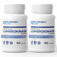 Front view of Puregen Labs Lumbrokinase 40mg capsule bottle