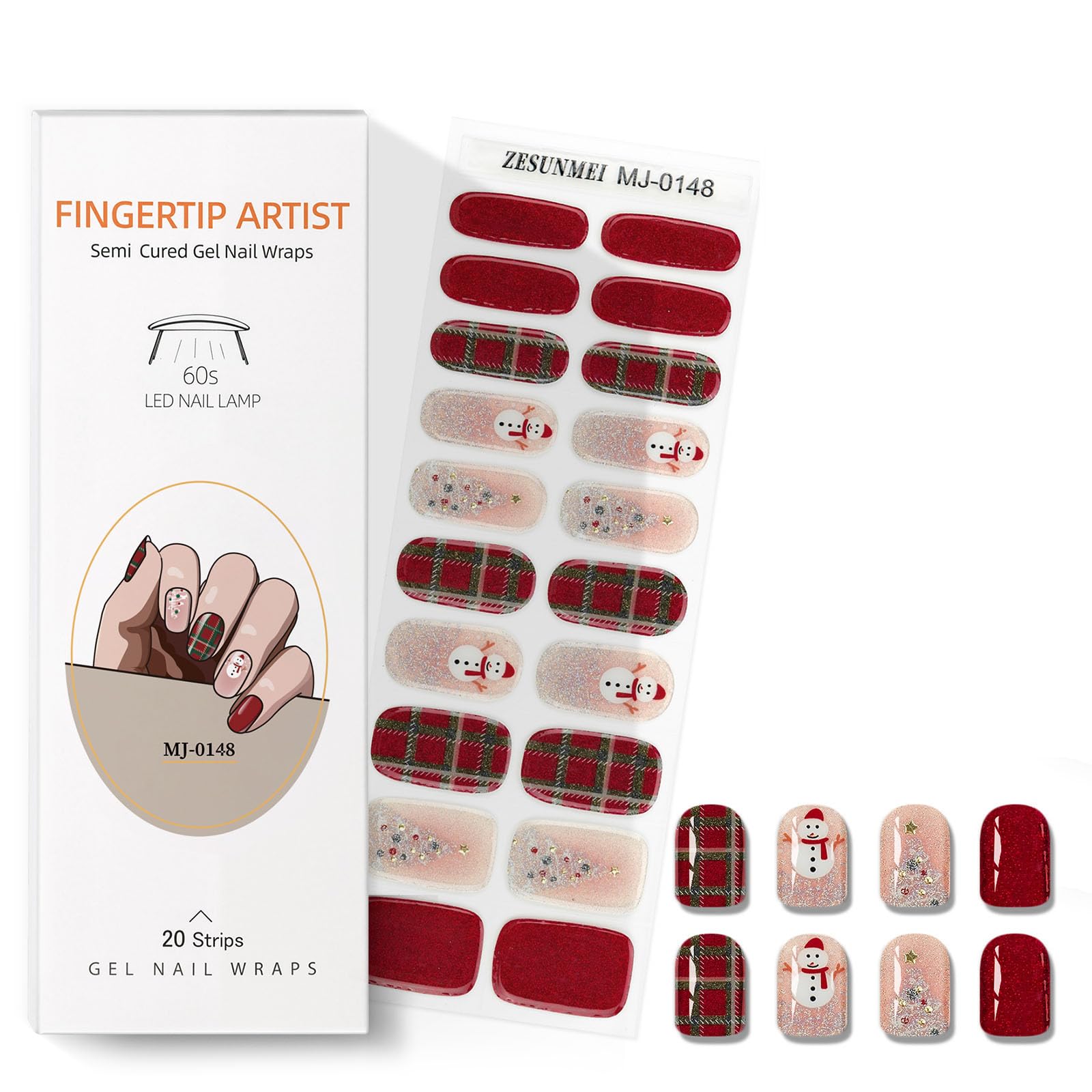 PureGlow Co christmas gel nail strips in red snowmen design for quick at-home manicure