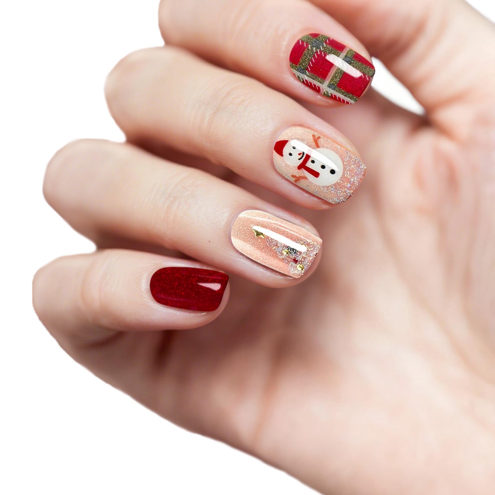 PureGlow Co red snowmen pattern nail wraps for festive nail art