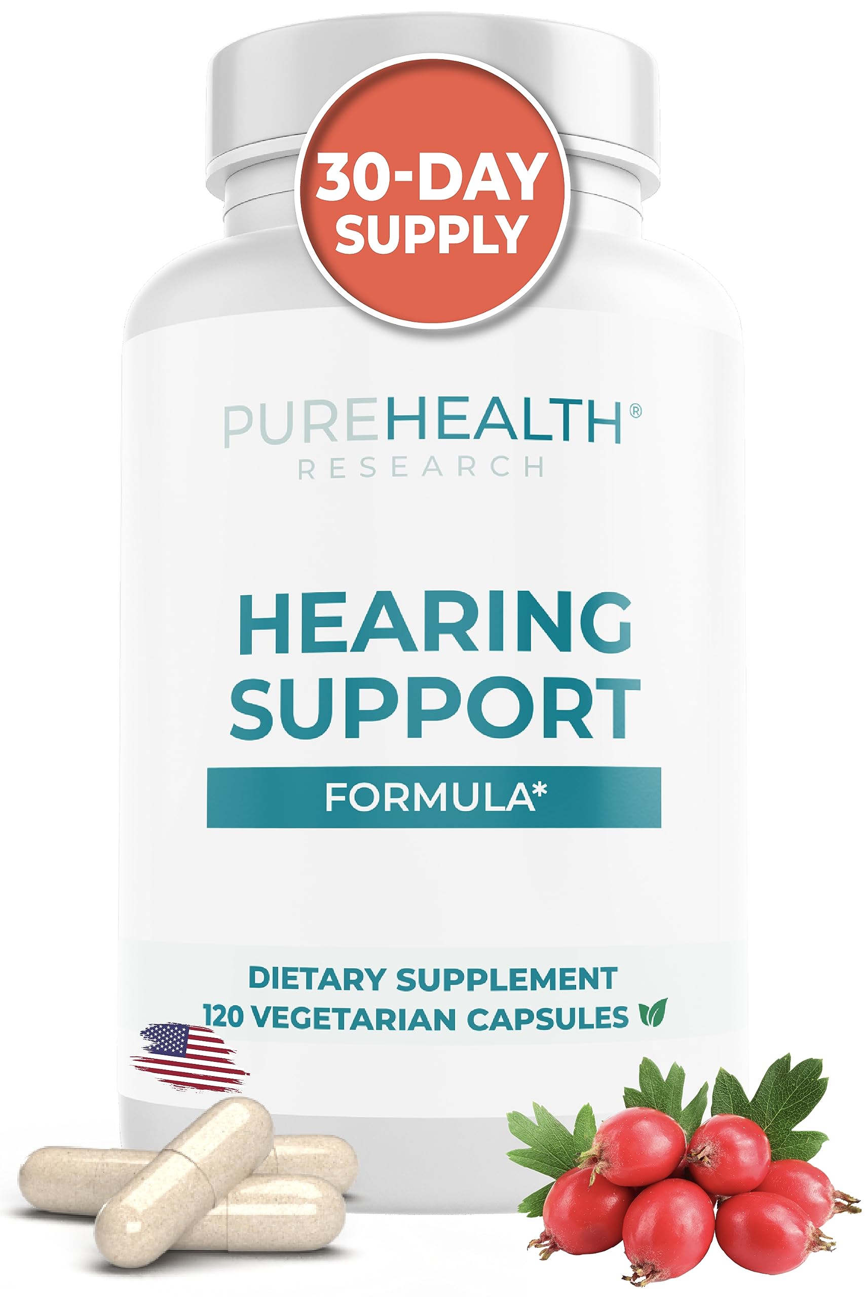 Bottle of PUREHEALTH Hearing Support Formula with label visible